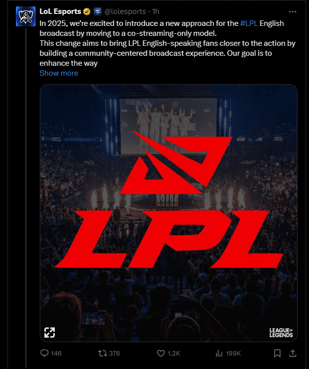 Riot Games announces that LPL broadcasts for the 2025 season will switch to co-streaming mode without an official commentary channel