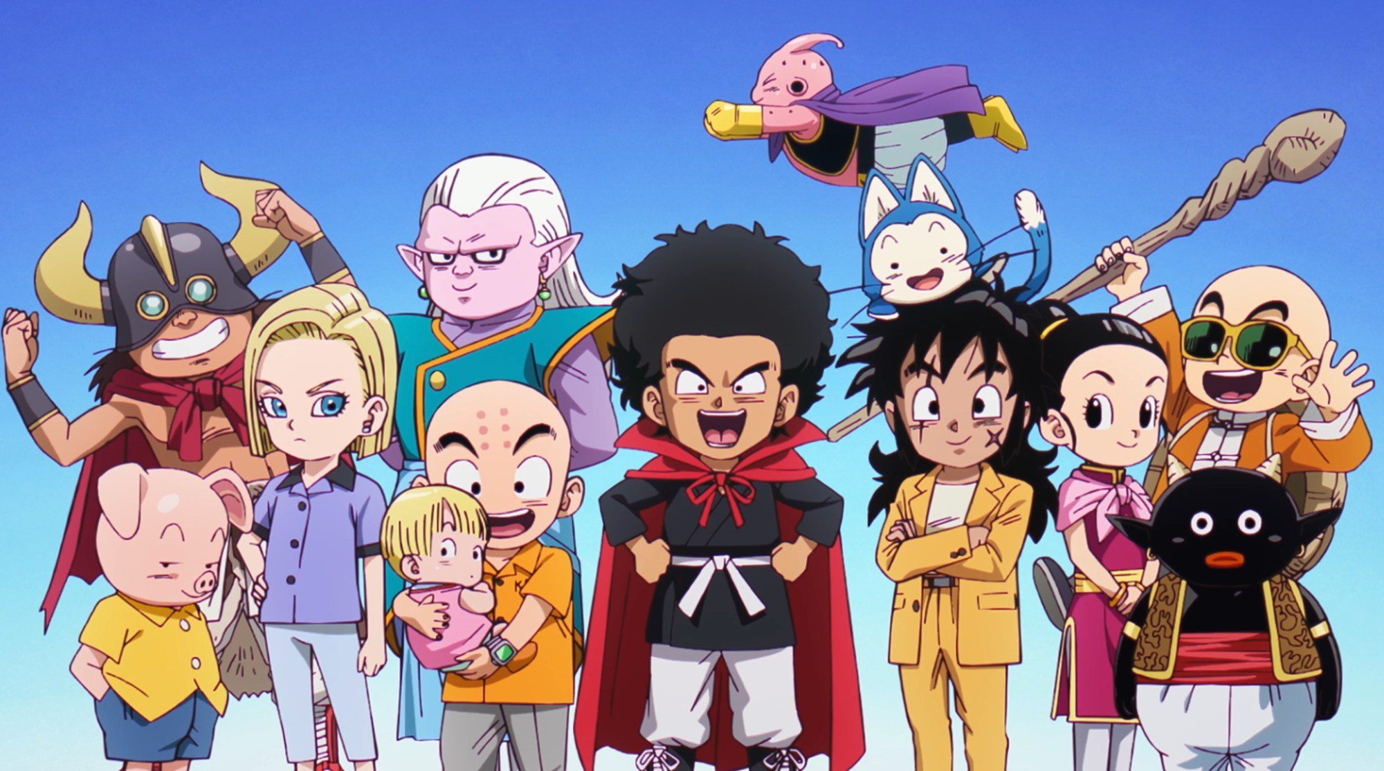 A scene from Dragon Ball Daima showing various characters.