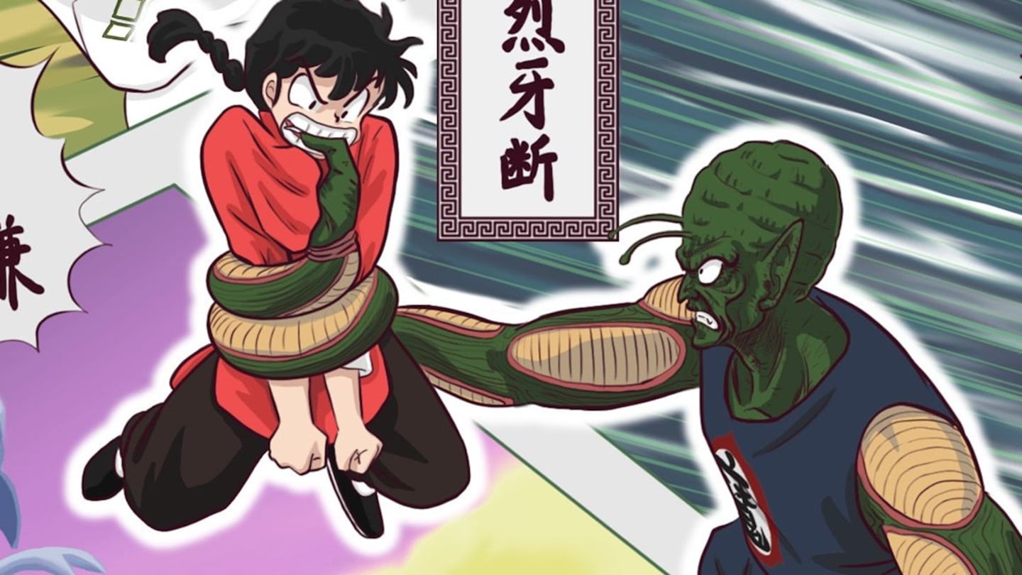 Fan art of Ranma 1/2 and Dragon Ball crossover, Ranma fighting against Goku - Image 1.